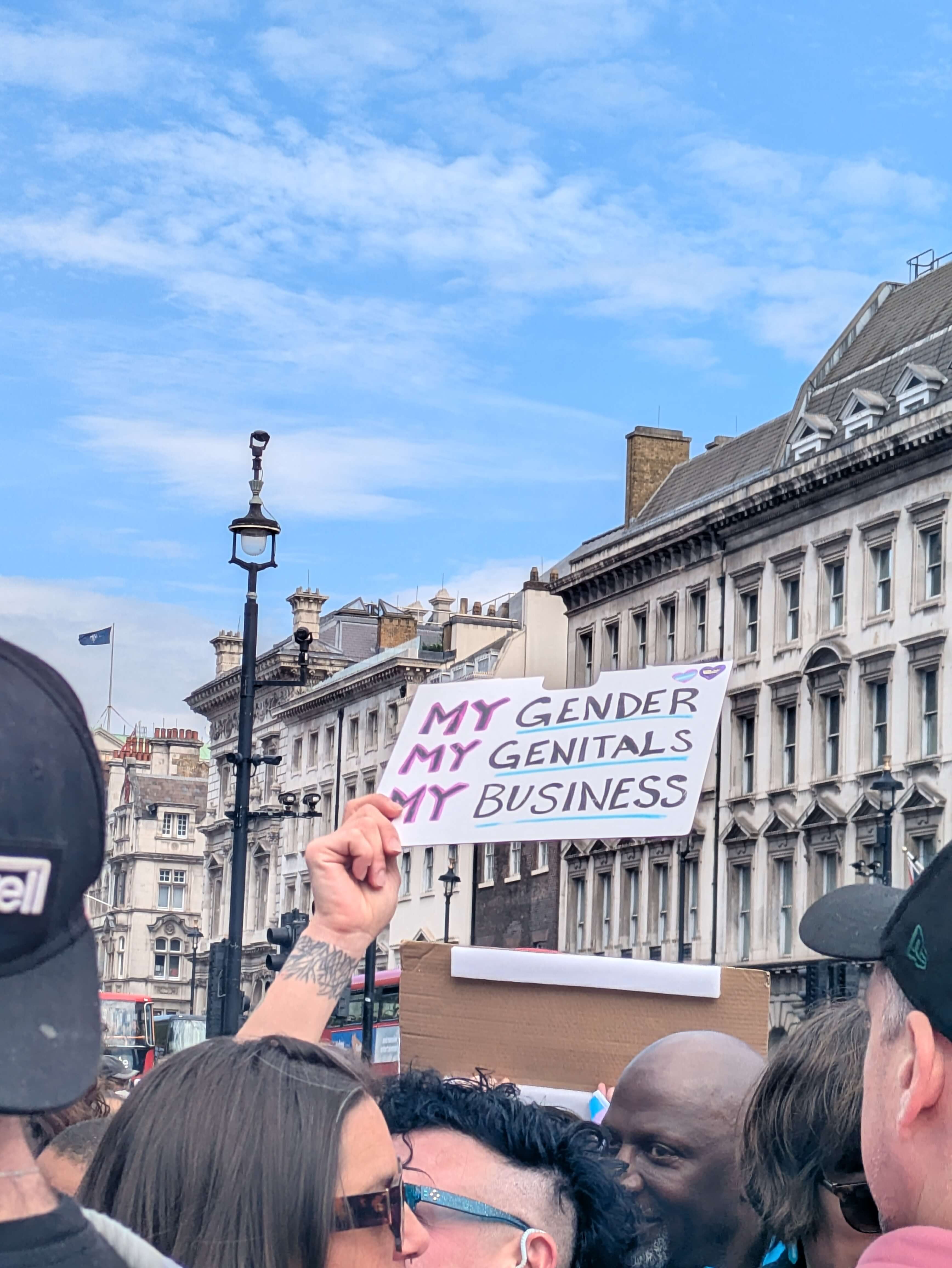 A protest sign being held up in the middle of a crowd of people during a transgender rights protest.