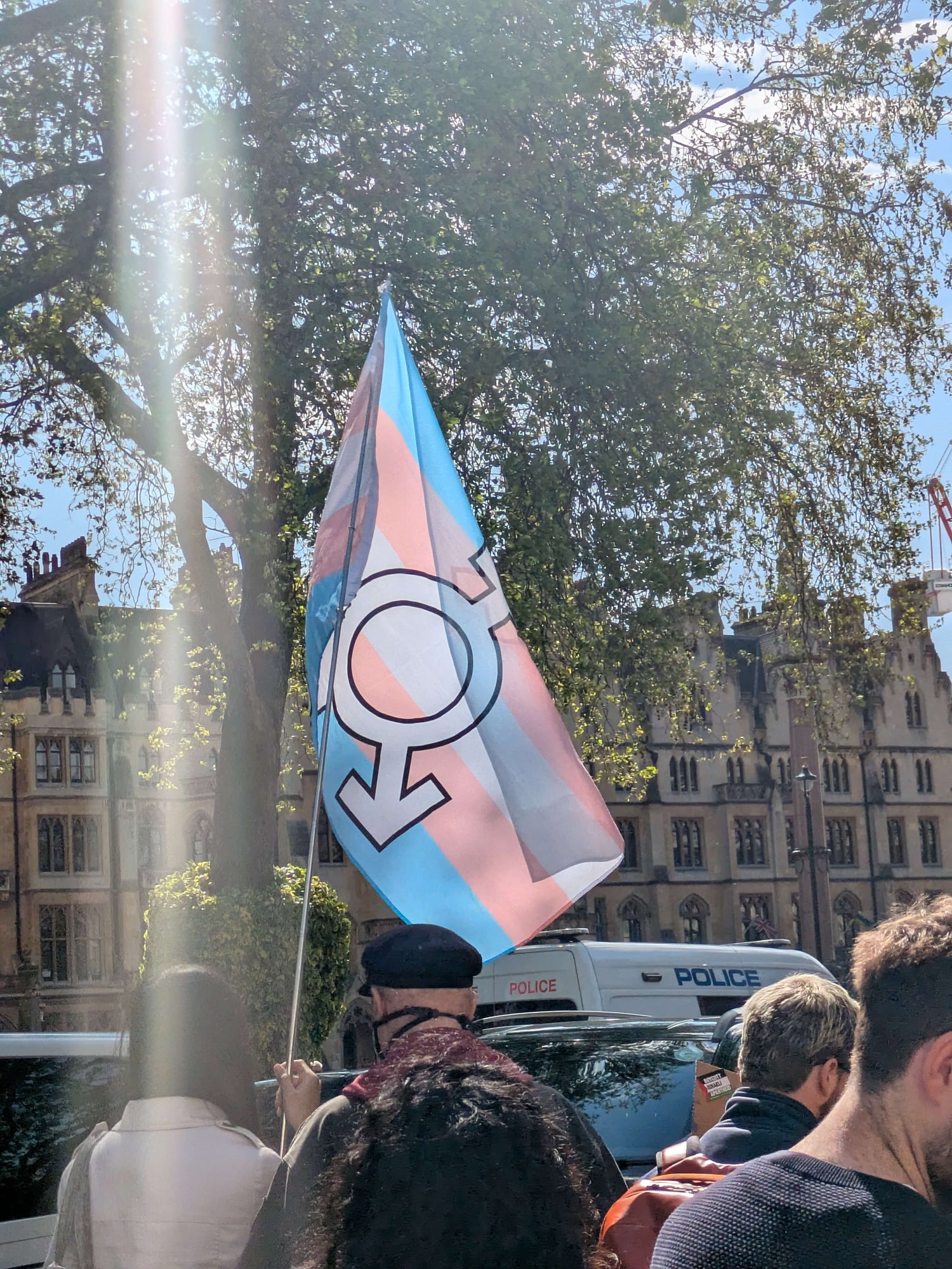Transgender flag being held up during a transgender rights protest, in the middle of a crowd of people.